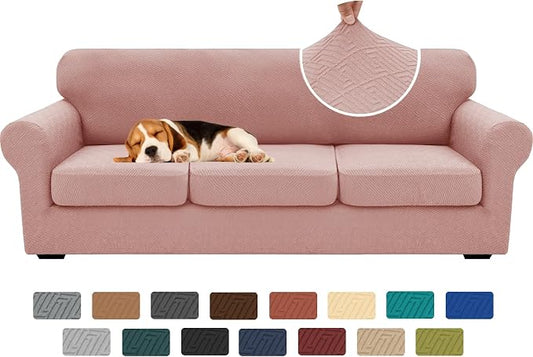 XINEAGE New 4 Pieces Extra Large Couch Covers for 3 Cushion Sofa Super Stretch Sofa Cover for 3 Large Seat Cushion Universal Slip Cover for Living Room (Dusty Pink), 91"-110"(3 Cushions) by XINEAGE