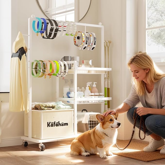 KAFAHOM Dog Toy Basket, Basket For Dog Toys Living Room, The Stuff For Dogs, Cat Toy Box, Dog Toy Bin, Toy Chest Storage, All-in-One Pet Supplies Organizer with Leash Hanging Rail and Locking Casters - Image 2