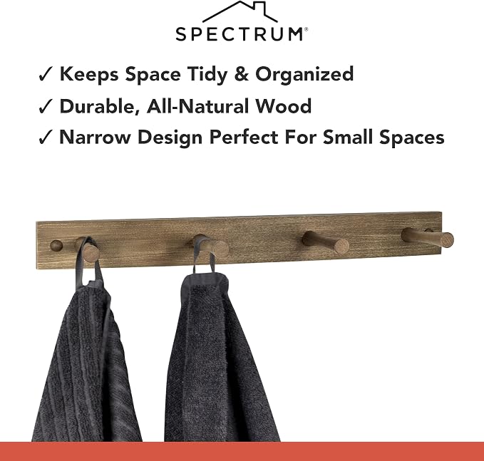Spectrum Coat Rack Wall Mount 4 Peg Wooden Pegs Organizer for Hanging Coats Hats Bags Towels Jackets Purses, Easy Install Wall Mounted Peg Rack Hanger for Closet Entryway Bedroom Storage, Greige - Image 3