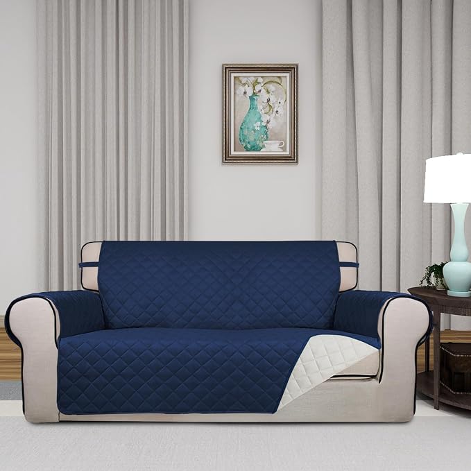 PureFit Reversible Quilted Couch Covers for Dogs Loveseat Sofa Cover 54" | Navy/Ivory, Water Resistant Couch Protector, Washable Pet Couch Cover with Non Slip and Elastic Straps For Kids - Image 2