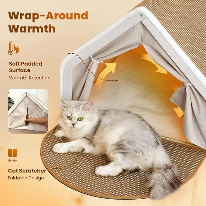 Cat Houses for Indoor Cats - Large Cat Bed Cave with Natural Sisal Cat Scratcher Mat, Solid Wood Frame Cat House with Curtains and Cat Floor Scratching Pad Rug, Protect Couch and Carpets, L - Image 4