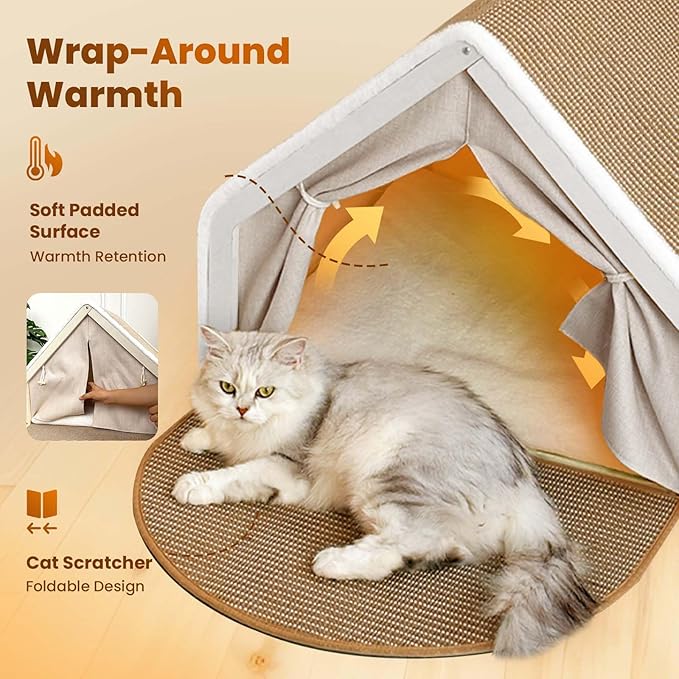 Cat Houses for Indoor Cats - Large Cat Bed Cave with Natural Sisal Cat Scratcher Mat, Solid Wood Frame Cat House with Curtains and Cat Floor Scratching Pad Rug, Protect Couch and Carpets, L - Image 4
