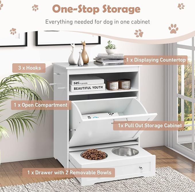 Dog Feeding Station Dogs Food Storage Cabinet Pet Feeder Container with 2 Thick 50oz Stainless Steel Raised Dog Food and Water Bowls, Pet Supply Organizer with Pet Toy Hangers, White - Image 3