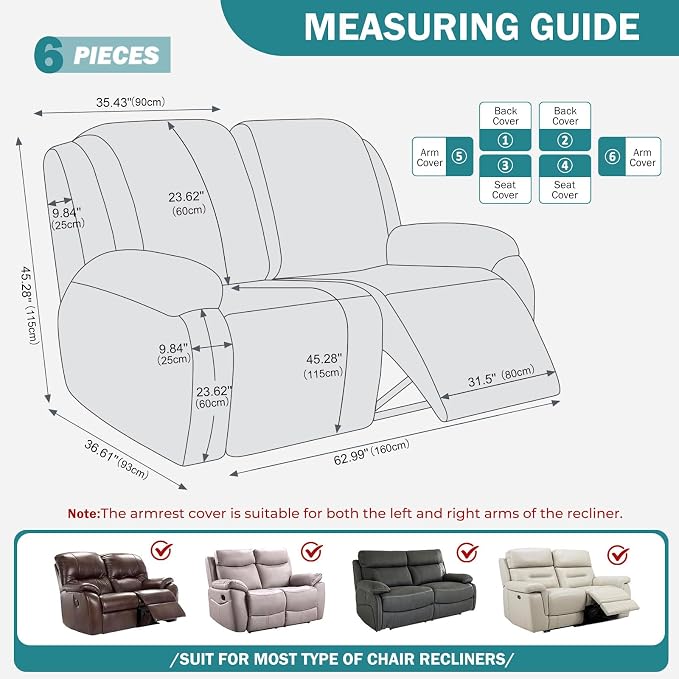 vctops Diamond Recliner Loveseat Slipcover 6-Pieces Stretch Dual Recliner Sofa Covers for 2 Seat Dual Reclining Loveseat Couch Soft Solid Furniture Protector (Teal,2 Seat) - Image 2
