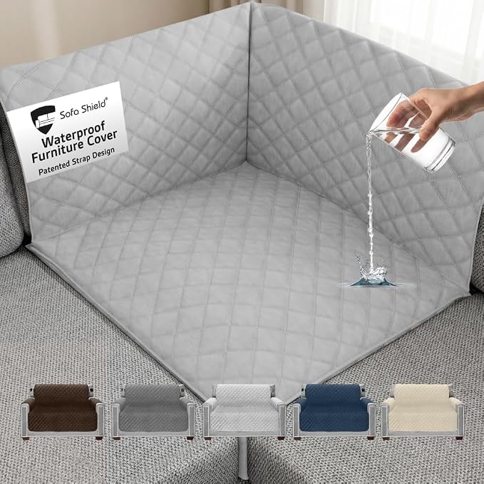 Sofa Shield 100% Waterproof Couch Cover with Patented Straps, Slip & Stain Resistant, Machine Washable Sofa Slipcover for Dogs Cats Pets Kids, 30x30 inch Seat, Sectional Corner, Light Gray by SofaShield