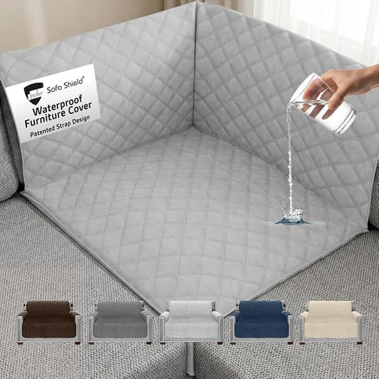 Sofa Shield 100% Waterproof Couch Cover with Patented Straps, Slip & Stain Resistant, Machine Washable Sofa Slipcover for Dogs Cats Pets Kids, 30x30 inch Seat, Sectional Corner, Light Gray by SofaShield