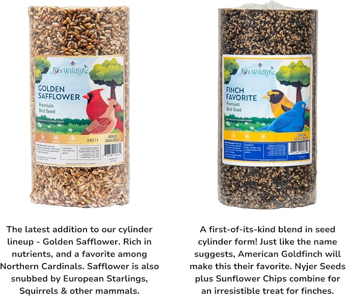 JCs Wildlife Bird Seed Cylinder with Hole Variety Pack, Premium Blends Wild Bird Food for Outside Feeders, Cardinals Woodpeckers Finches Bluebirds Chickadees, Made in the USA, Small, 6 Pack - Image 3
