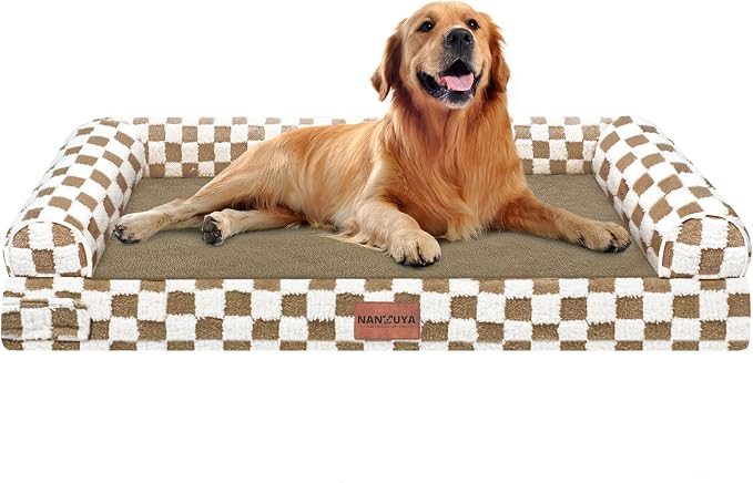 NANUYA Orthopedic Dog Bed for X-Large Dogs, 40 x 32 Inch, Brown Grid | Egg crate foam for joint support, 3-sided bolster pet sofa, waterproof lining, washable cover, and non-skid base by Nanuya