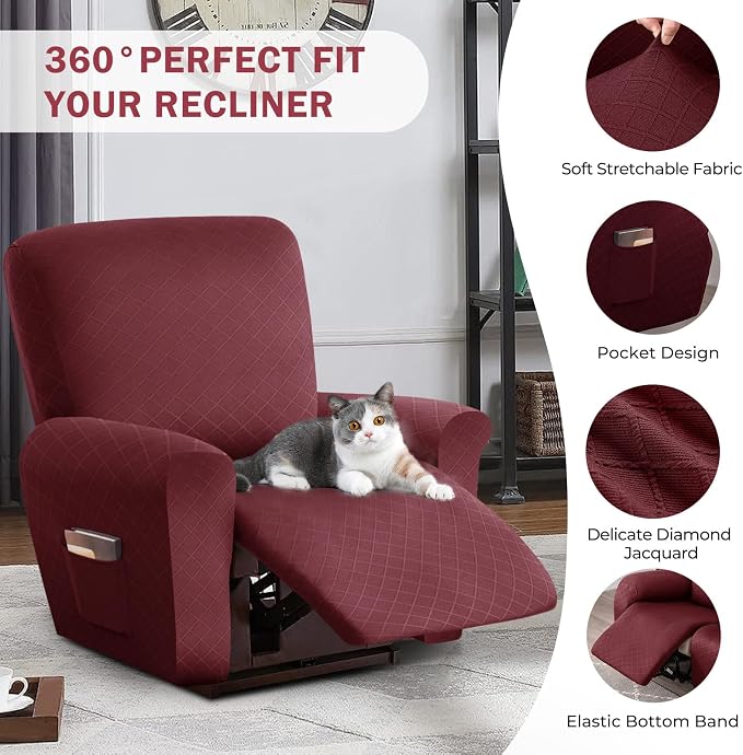 vctops Diamond Recliner Cover 4-Pieces Recliner Stretch Sofa Slipcover 1 Seater Couch Protector Soft Solid Furniture Protector Covers with Elastic Strap (Wine Red,1 Seat) - Image 4