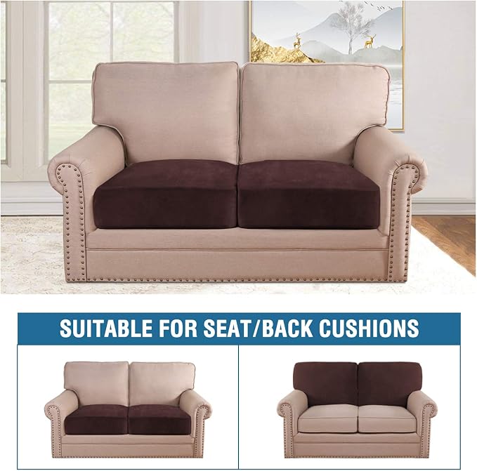 H.VERSAILTEX Velvet Stretch Couch Cushion Cover Plush Cushion Slipcover for Chair Loveseat Sofa Cushion Furniture Protector Seat Cushion Sofa Cover (2 Piece Large Sofa Cushion Covers, Brown) - Image 3