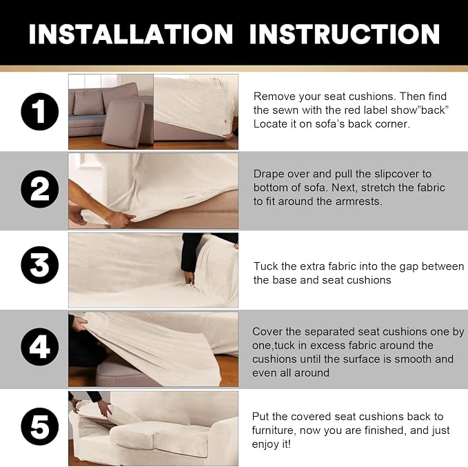PrinceDeco Velvet Couch Covers for Sofa Soft 4 Pieces Couch Covers for 3 Cushion Couch Sofa Pet Friendly Furniture Protector with Non Slip Elastic Bottom Width Up to 97 Inch (Large Sofas, Ivory) - Image 6