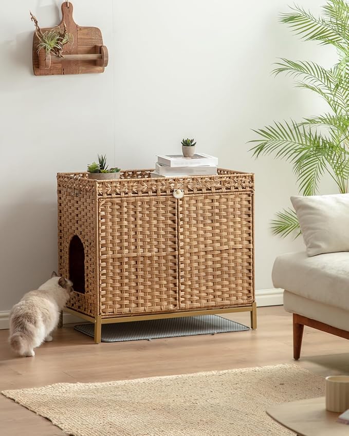SETVSON Litter Box Enclosure Furniture with Divider, Cat Cabinet, Natural | Handwoven PE Rattan with Soft Litter Mat, 3.54-In Heightened Metal Feet, 2 S-Hooks, 31.2 x 19.6 x 24.2 In Spacious - Image 2
