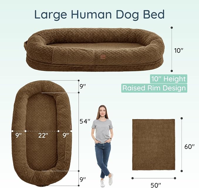 ChiXnuggle Orthopedic Human Dog Bed,with Faux Fur Washable Cover,Blanket | brown,72*40*10,giant dog bed for adult or extra large dogs,egg crate foam,non-slip bottom - Image 2