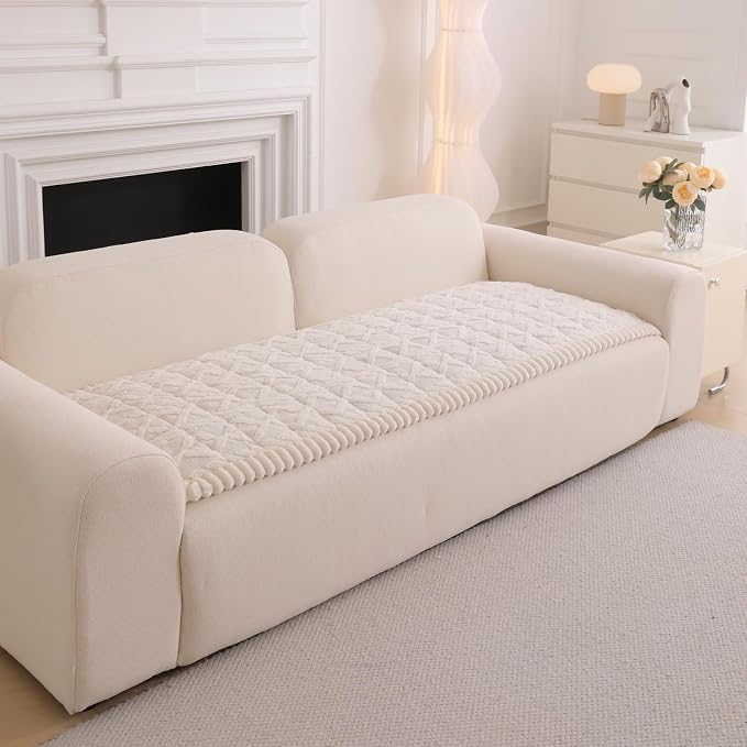 DREAMINGO Fuzzy Pet Couch Cover with Geometric Jacquard, Washable & Non-Slip Sofa Covers for 2 Cushion Couch, Plush Dog Bed Mat for Sofa Cushion Protector 27.6x59.1 Inch, White - Image 7