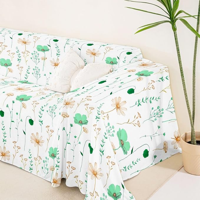 Erosebridal Watercolor Floral Couch Cover Emerald Green Beige Flower Sofa Cover 71" X 150" Modern Minimalist White Couch Protector for Sectional Sofasrustic Farmhouse Washable Non Slip Sofa Protector - Image 5