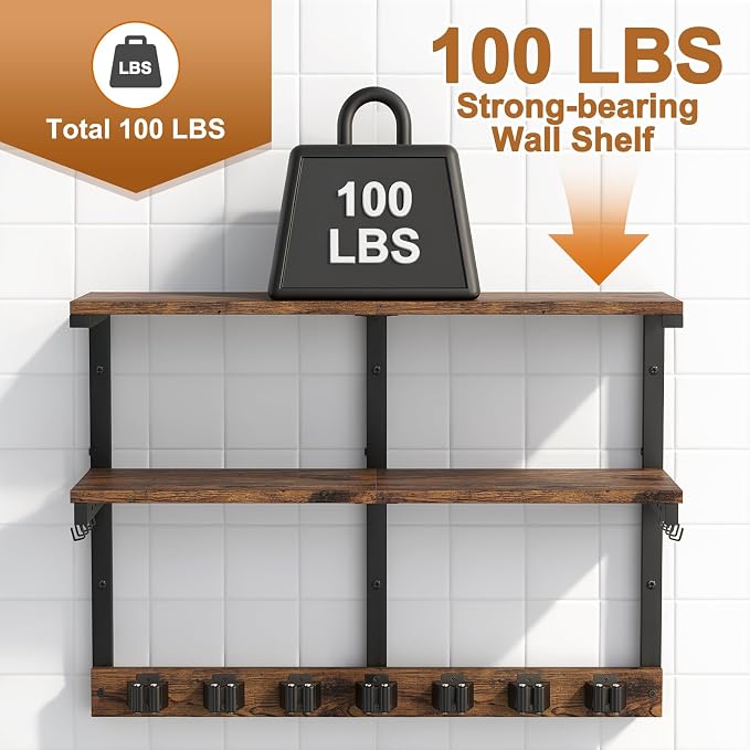 Housolution Wall Mount Broom Holder Laundry Room Storage Organizer Shelves | 2 Tier Large Capacity, Thickened Metal Frame, 100 LBS High Load-Bearing, Multifunctional with 7 Grippers & 8 Hooks - Image 4