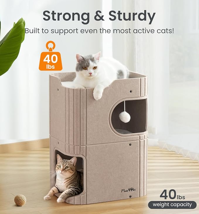 Made4Pets Cat House for Indoor Use, 2-Storey Cube Bed Cave, Covered Hideaway Condo with Scratch-Resistant Felt, Foldable Easy-to-Clean Design for Multi-Cat Homes, Beige - Image 5