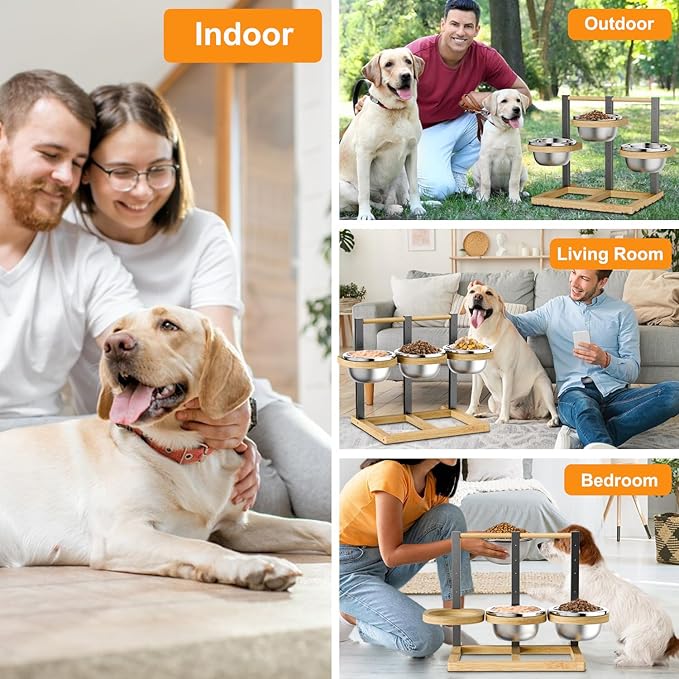 Elevated Dog Bowl,Bamboo Raised Dog Bowl,5-Height | Adjustable Dogs Food Bowls Stand,Dog Feeding Station with 3 Food and Water Bowls for Medium,Large Dogs - Image 4