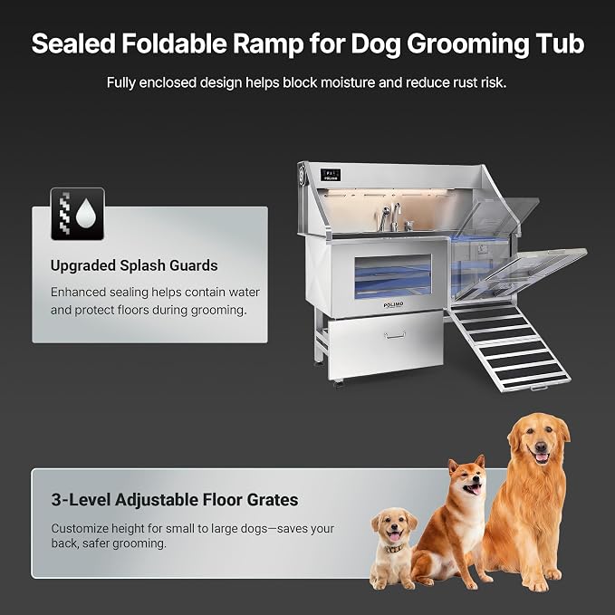 POLIMO Dog Washing Station with Built-in Pet Dryer and LED Display 61" (Right Ramp), 304 Stainless Steel Dog Bathtub for Large Medium Small Dogs, Wash and Dry Grooming Tub with Faucet, Storage Drawer - Image 5