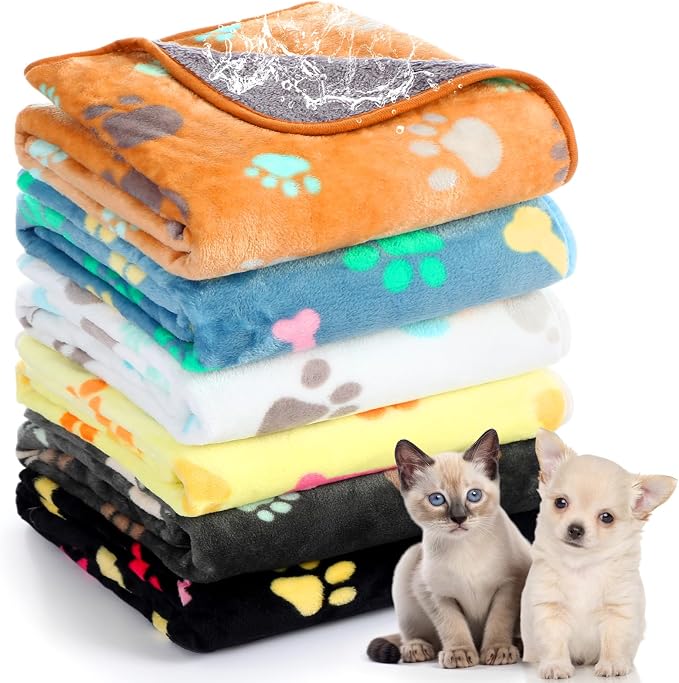 Tegeme 6 Pcs Waterproof Dog Blanket 24 x 16 Inch Paw Print Pet Blanket for Dogs Cats Puppy Washable Soft Fluffy Fleece Rug Flannel Throw Warm Sleep Mat for Kitten Doggy by Tegeme