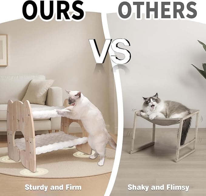 Elevated Cat Bed, Solid Rubberwood Cat Hammock Bed with Soft Breathable Cover, Double Pet Beds for Multi-Cats Households Small Dog Rabbit - Image 7