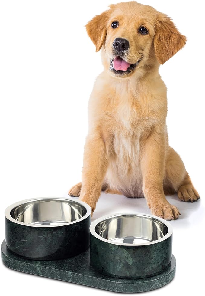 DBL1000A Marbre Small/Medium Modern Weighted Double Marble and Stainless Steel Bowl 12oz (1.5 Cups) Feeder with Non-Slip Marble Tray Set, Green by THELICKERSTORE
