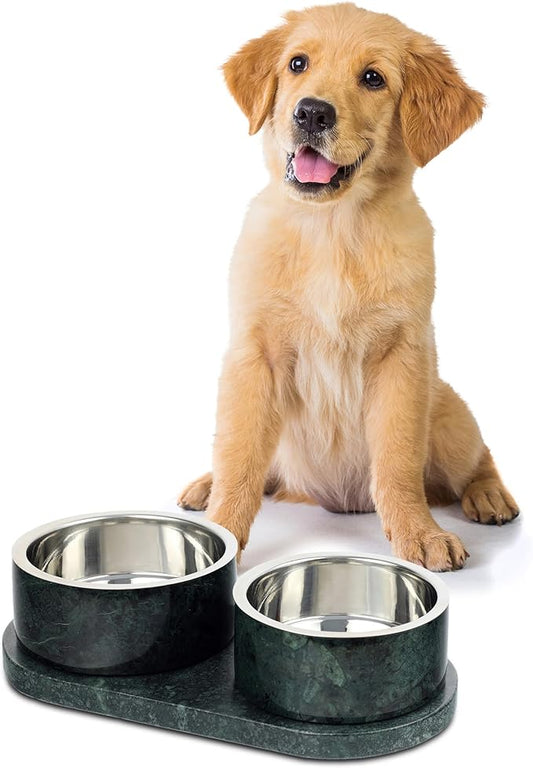 DBL1000A Marbre Small/Medium Modern Weighted Double Marble and Stainless Steel Bowl 12oz (1.5 Cups) Feeder with Non-Slip Marble Tray Set, Green by THELICKERSTORE