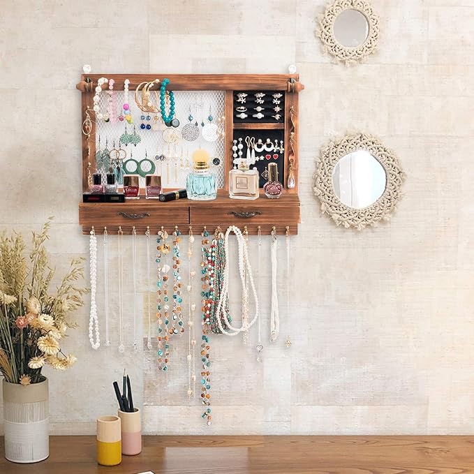 Jewelry Wall Organizer Wall Mounted | Jewelry Hanger Display Rack with Drawers for Earring/Stud/Ring/Necklace/Bracelets Accessories Bangles Holder Girls Gift - Image 3