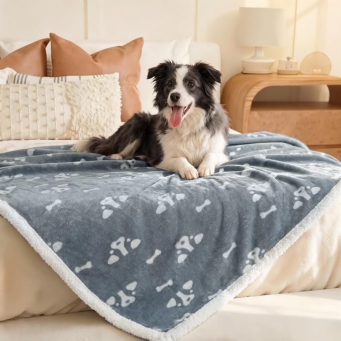 Luciphia Waterproof Dog Blanket Reversible Sherpa Fleece for Small Dogs Cat | Soft Print Pet Blanket Washable Pee Proof, Furniture Protector for Couch Sofa Bed Car, Cozy Throw(65" x 57", Grey) - Image 6