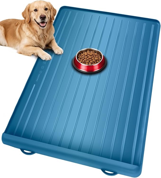 Dog mat for Food and Water - 39.4" x 27" Thickened Large Dog Food Mat | Waterproof Pet Bowl Mat with Residue Collection Pocket and High Edges to Prevent Water and Food Spills - Navy by Yessotech