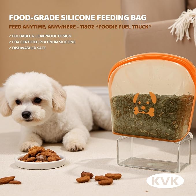 KVK Extra Extra Large Silicone Dog Food Mat 39.4×43.3in and 128oz Silicone Bag Set, Super Size Waterproof Pet Feeding Mat & Container, Non-Slip, Chew-Resistant Floor Protection (Taupe&Orange) - Image 4
