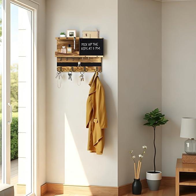 Key Holder for Wall Mount with Shelf and Mail Organizer, Key and Mail Holder with 16 Hooks, Farmhouse Entryway Organizer, Home Decor Rack(Pine Wood, Wood Color) - Image 5