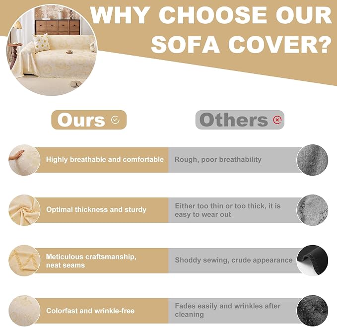 ROOMLIFE Boho Couch Covers for Sofa Washable for 3 Cushion Couch Chenille | Furniture Protector Sofa Couch Cover for Dogs, Soft Breathable Sofa Slipcover, Couch Throw Blankets with Tassels 71''X134'' - Image 6