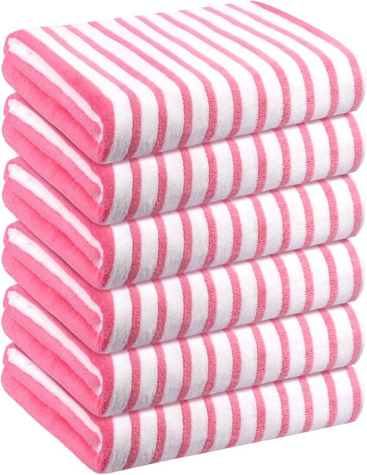 JML Microfiber Bath Towel Set, Cabana Stripe Pink, 30" x 60", 6 Pack | Hanging Loop, Soft, Absorbent & Quick Dry, Lint Free, Fade Resistant, for Summer Swimming Pool Party, Beach Travel by JML