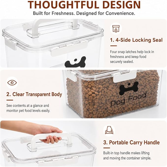 2-Piece Dog Food Container with Handle, Combined 15 Lbs Airtight Pet Food Treat Bin for Dogs Cats, Large Capacity Kibble Container for Kitchen Counter,Stackable and Keep Food Fresh - Image 2