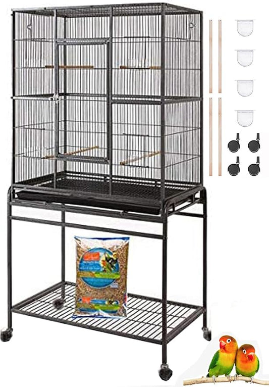 64" Extra Large Tight 1/2-Inch Bar Spacing Wrought Iron Flight Canary Parakeet Cockatiel Lovebird Finch Home Cage Side Nesting Box Doors with Removable Rolling Stand by Mcage