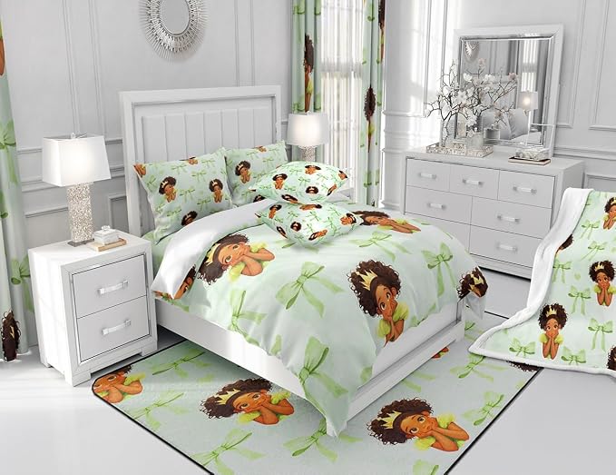 Manfei Cute Princess Comforter Set King Size,Green Bowknot Marble Paint Bedding Set 3 Pcs for Women Adults,Fairy Tale Black Skin Girl Frog Crown Down Comforter,Green Duvet Insert,2 Pillowcases - Image 6