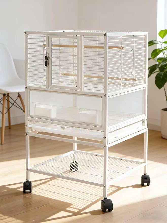 Stackable Breeding Bird Cage with Splash-Proof Baffle, Rolling Stand with Wheels, for Aviaries, Canaries, Cockatiels, Lovebirds, Finches, Budgies, Small Parrots, White. (1F) by Unknown