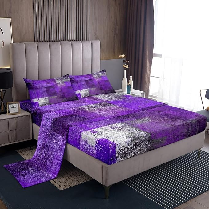 Erosebridal Oil Painting Bed Sheets Set for Kids Boys Girls,Purple Grey Sheet Set,Watercolor Ombre Sheets,Contemporary Abstract Artwork Flat Fitted Sheet with 2 Pillowcases Bedroom Decor,King by Erosebridal