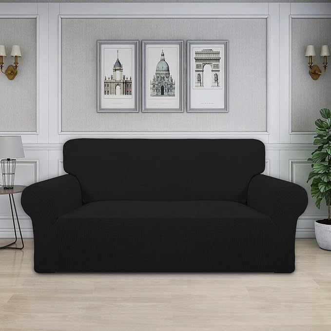 Easy-Going Stretch Oversized Loveseat Couch Covers Washable Black | 1-Piece Large Loveseat Cover for 2 Cushion Couch Furniture Protector RV Sofa Slipcover Soft with Bottom for Kids Pets - Image 2