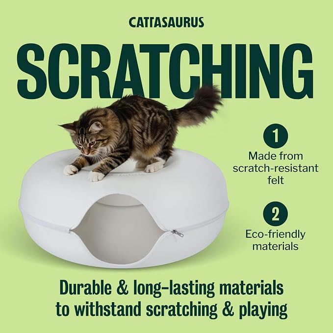 Cattasaurus Peekaboo Cat Cave, Extra Spacious for Multiple & Large Cats 15+ lbs, Scratch Detachable Cat Beds for Indoor Cats, Washable Tunnel Bed, Comfy Donut Tunnel (White, Jumbo) - Image 2