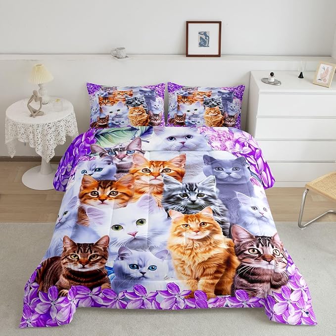 Feelyou Cartoon Cat Girls Comforter Set Pet Cats Kitten Bedding Set Kids Boys Cute Cat Floral Purple Bedding King Comforter Feline Animal Lovers Decor Warmth Soft Quilt with 2 Pillowcases 3Pcs Boys by Feelyou