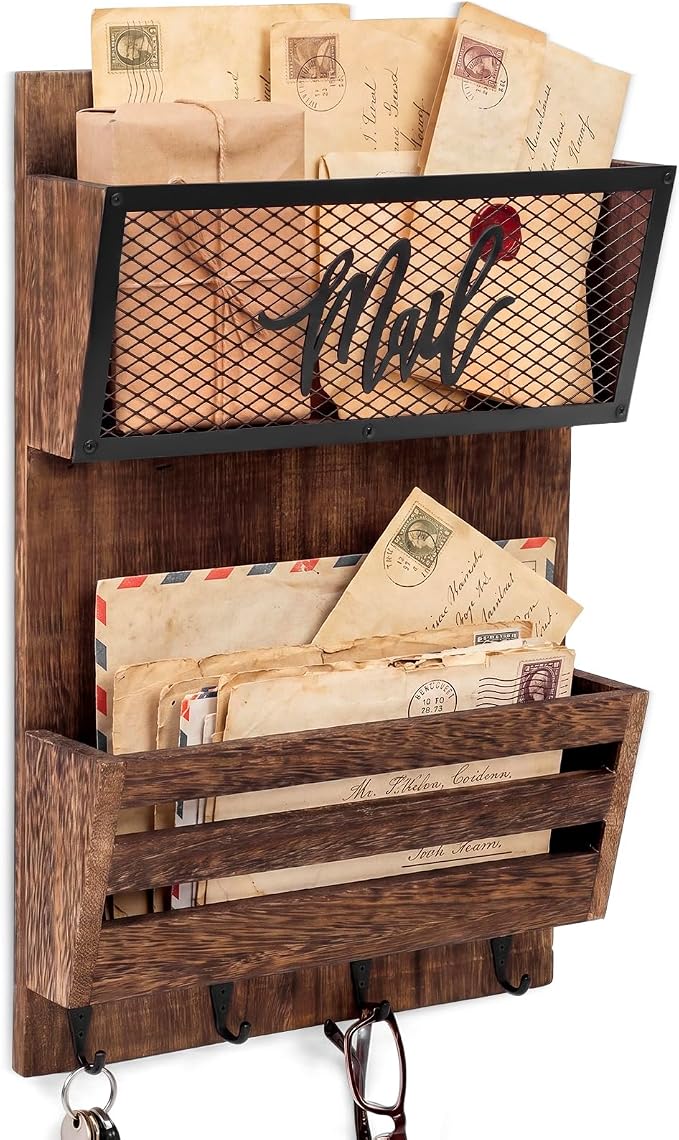 Yalikop Mail Organizer Wall Mount with Key Hooks, 2-Slot Wood Mail and Key Holder, Rustic Farmhouse Wall File for Entryway, Letter and Bill Sorter Organizer for Files, Keys and Magazines by Yalikop
