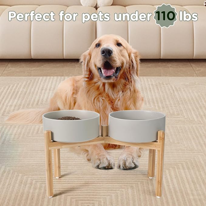 SPUNKYJUNKY Elevated Dog Bowls Ceramic, 8.3'' Dogs Food Water Bowls Raised with Non-Slip Bamboo Stand for Large Sized Breed Microwave Dishwasher Safe - 60 OZ,Grey - Image 7