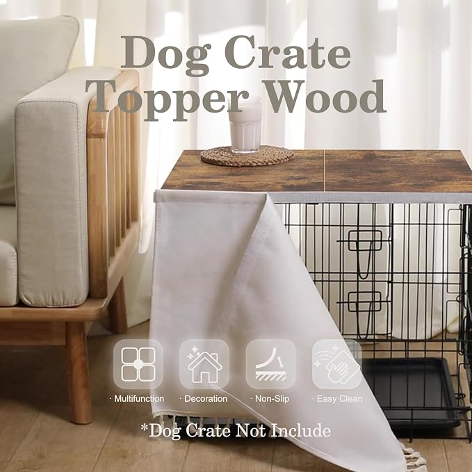 VIE DE AMAN Dog Crate Topper Wood for 24 30 36 42 48 inch Cages, Table Foldable Dog Kennel Topper with Tassel Curtain, Rustic Style Top Rustic Brown(Dog Crate Not Include) - Image 4