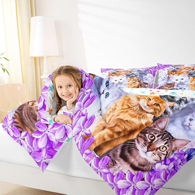 Feelyou Cartoon Cat Girls Comforter Set Pet Cats Kitten Bedding Set Kids Boys Cute Cat Floral Purple Bedding King Comforter Feline Animal Lovers Decor Warmth Soft Quilt with 2 Pillowcases 3Pcs Boys - Image 7