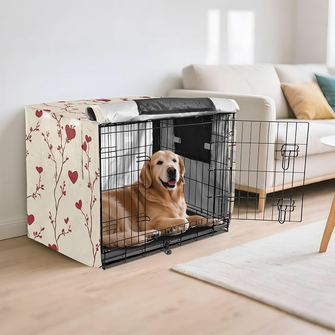 Dog Crate Cover Kennel Cover for Dog Cages Breathable for Wire Cage Indoor Outdoor Valentine Hearts Floral Beige - Image 6
