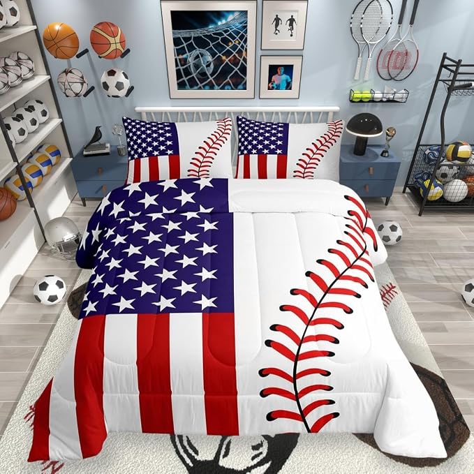 American Flag Comforter Set Twin,Abstract Baseball Bedding Set 2pcs for Kids Teens Boys Man Adult Room Decor,Ball Sports Games Fashion Quilt Set,Red & White Simple Duvet Insert with 1 Pillowcase by Homewish