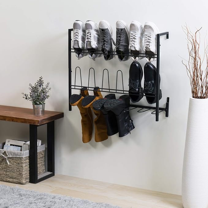 MyGift Black Metal Wall Mounted Shoe Rack Organizer, Holds 9 Pairs | Vertical storage helps clear floor space while keeping footwear neatly arranged and accessible in dressing areas or closets - Image 3