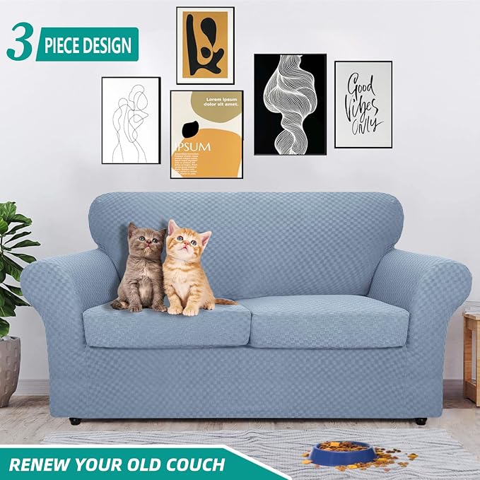 YEMYHOM Latest Checkered 3 Pieces Couch Covers for 2 Cushion Couch High Stretch Thickened Love Seat Sofa Cover for Dogs Pets Elastic Loveseat Slipcover Protector (Light Blue), 55"-69"(2 Cushions) - Image 2
